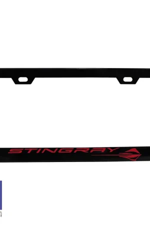 Clearance License Plate Frame with Red Stingray Script and Logo; Matte Black