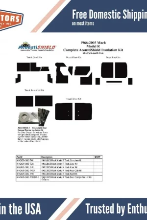 Insulation Sound Deadener Kit for 1966-2005 Mack Model R Acoustishield Complete Limited Edition